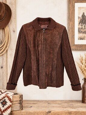 Laura Leigh Ltd Brown Leather Wool Knit Jacket Western Boho Vintage - XL
